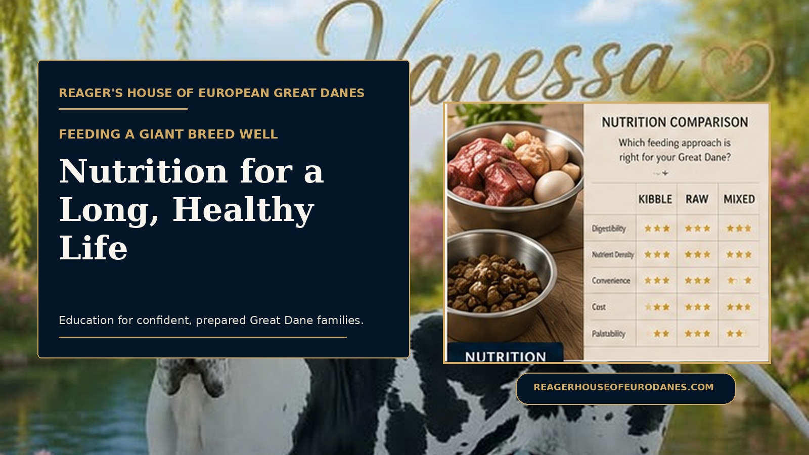 Fresh ingredients and giant-breed dog food prepared for a Great Dane nutrition article
